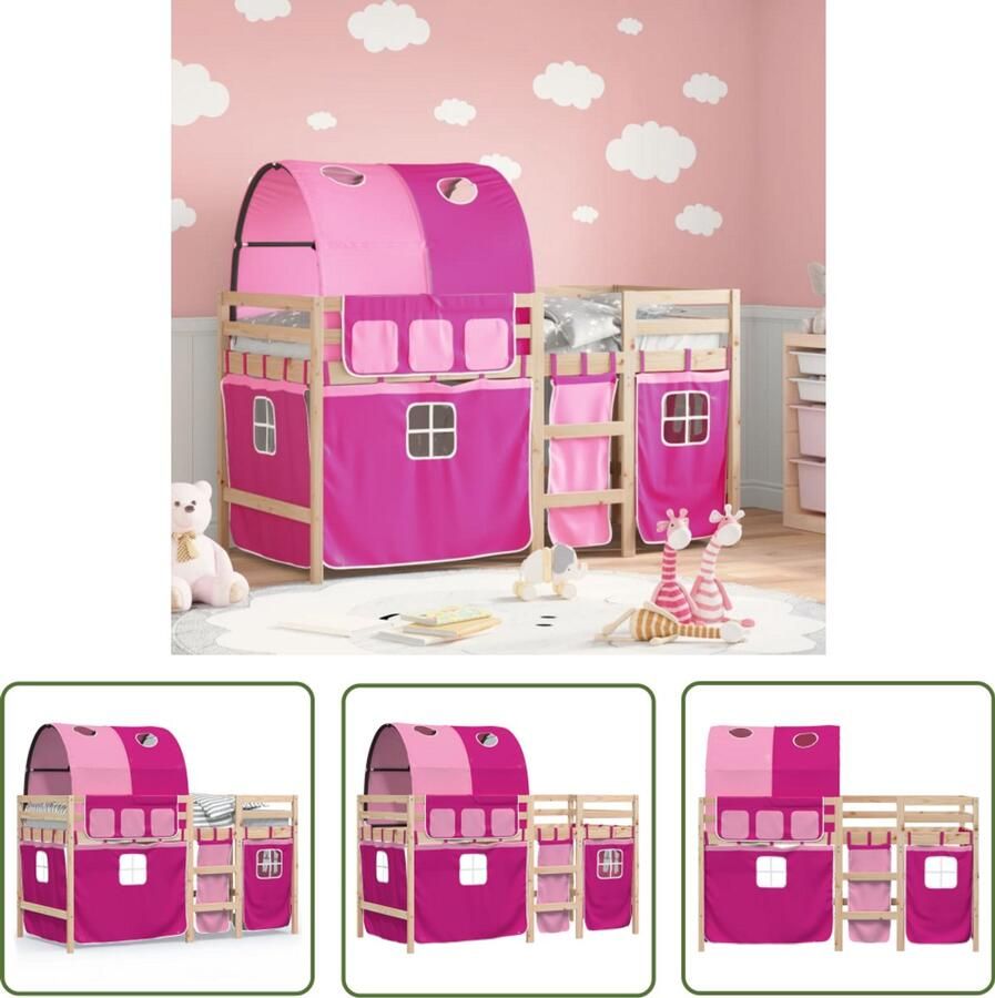 VidaXL Kinderhoogslaper met tunnel 90x200 cm massief grenenhout roze Kinderhogeslaper Hoogslaper Kidsbed Meisjeskamer Rozerde Kleur