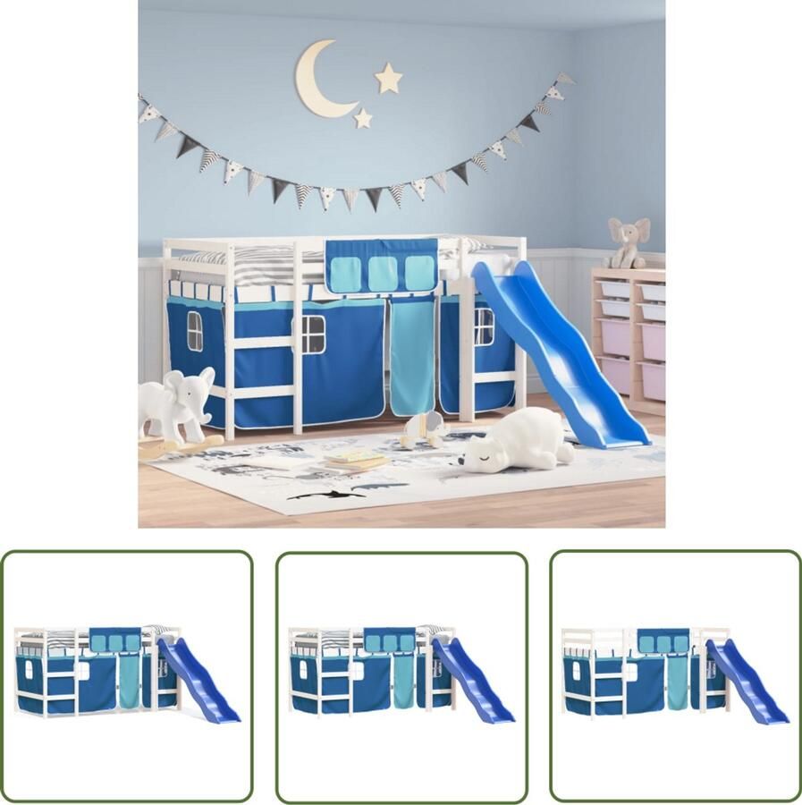 VidaXL Kinderhoogslaper met gordijnen 80x200 cm grenenhout blauw Kinderhoogslaper Hoogslaper Kidsbed Grenenhout Blauwe Kinderkamer - Foto 2