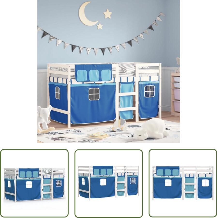 VidaXL Kinderhoogslaper met gordijnen 80x200 cm grenenhout blauw Kinderhoogslaper Hoogslaper Kidsbed Grenenhout Bed Kinderkamer