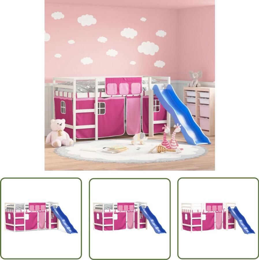 VidaXL Kinderhoogslaper met gordijnen 80x200 cm grenenhout roze Kinderhoogslaper Hoogslaper Grenenhout Kidsbed Meisjesbed