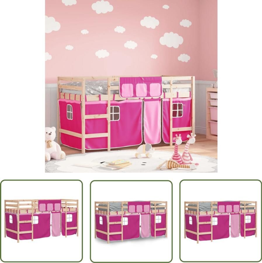 VidaXL Kinderhoogslaper met gordijnen 80x200 cm grenenhout roze Kinderhoogslaper Hoogslaper Grenenhout Meisjeskamer Kindermeubilair