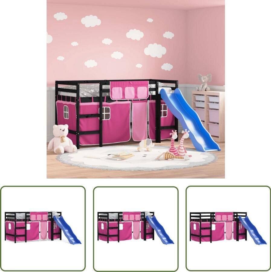 VidaXL Kinderhoogslaper met gordijnen 80x200 cm grenenhout roze Kinderhoogslaper Hoogslaper Kidsbed Grenenhouten Bed Meisjesbed