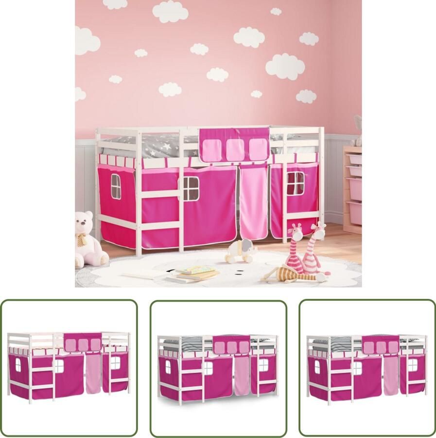 VidaXL Kinderhoogslaper met gordijnen 80x200 cm grenenhout roze Kinderhoogslaper Hoogslaper Kidsbed Kinderkamer Grenenhout