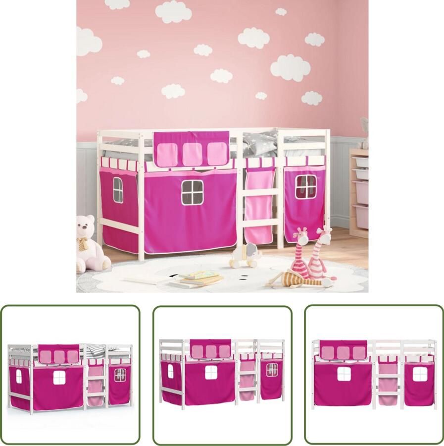 VidaXL Kinderhoogslaper met gordijnen 80x200 cm grenenhout roze Kinderhoogslaper Hoogslaper Kidsbed Meisjeskamer Rozerde