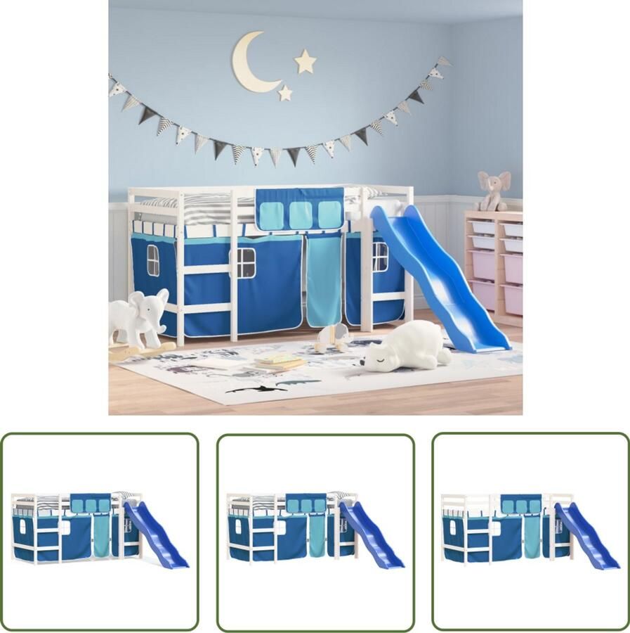 VidaXL Kinderhoogslaper met gordijnen 90x190 cm grenenhout blauw Kinderhoogslaper Hoogslaper Kidsbed Grenenhout Bed Speelbed