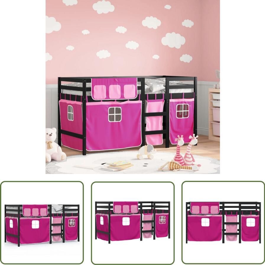 VidaXL Kinderhoogslaper met gordijnen 90x190 cm grenenhout roze Kinderhoogslaper Hoogslaper Grenenhout Rozerood Meisjeskamer