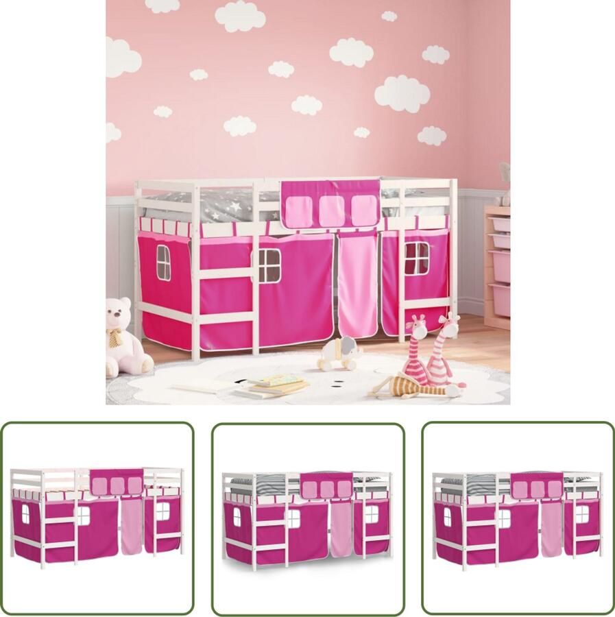 VidaXL Kinderhoogslaper met gordijnen 90x190 cm grenenhout roze Kinderhoogslaper Hoogslaper Kidsbed Grenenhouten Bed Rozerde Kleur