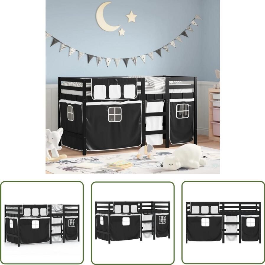 VidaXL Kinderhoogslaper met gordijnen 90x190 cm grenenhout wit zwart Kinderhoogslaper Hoogslaper Kidsbed Grenenhout Bed Witte Kinderkamer