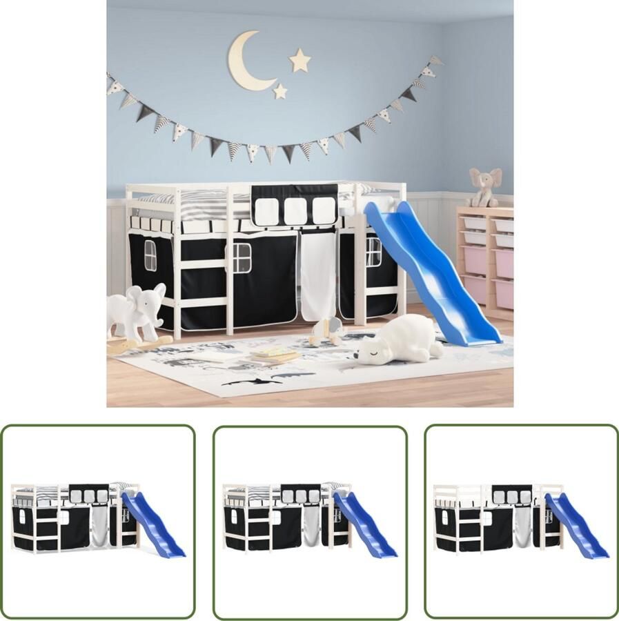VidaXL Kinderhoogslaper met gordijnen 90x190 cm grenenhout wit zwart Kinderhoogslaper Hoogslaper Kidsbed Grenenhout Bed Hoog Slapende Bed