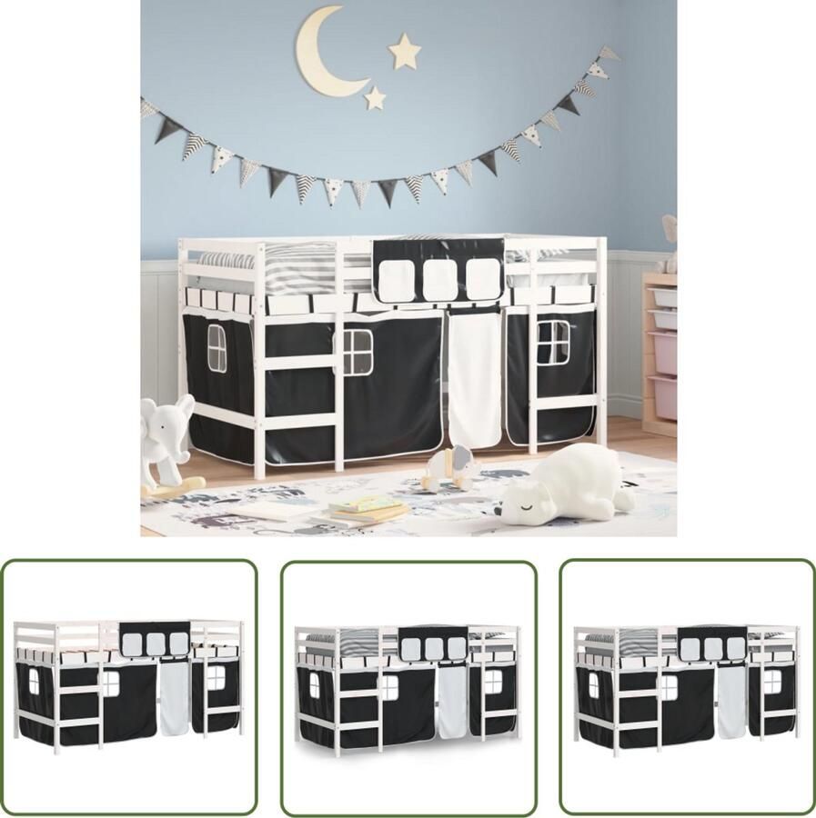 VidaXL Kinderhoogslaper met gordijnen 90x190 cm grenenhout wit zwart Kinderhoogslaper Hoogslaper Kidsbed Grenenhout Bed Witte Bed