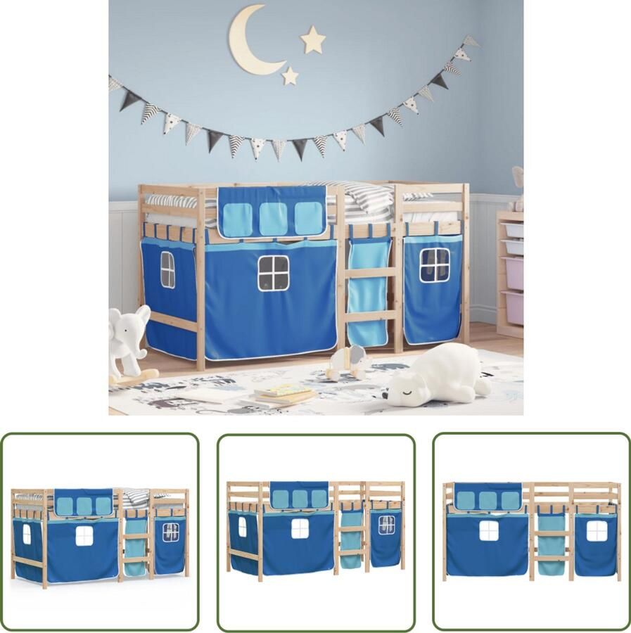 VidaXL Kinderhoogslaper met gordijnen 90x200 cm grenenhout blauw Kinderhoogslaper Hoogslaper Grenenhout Kidsbed Jeugdbed