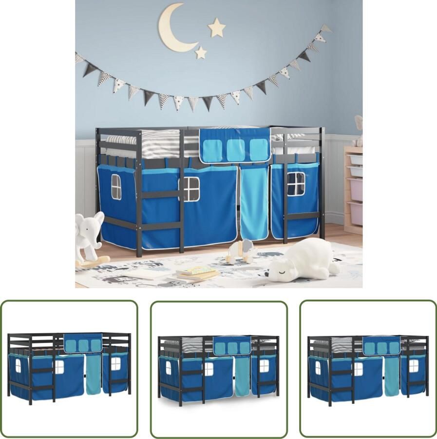 VidaXL Kinderhoogslaper met gordijnen 90x200 cm grenenhout blauw Kinderhoogslaper Hoogslaper Kidsbed Kinderkamer Grenenhout