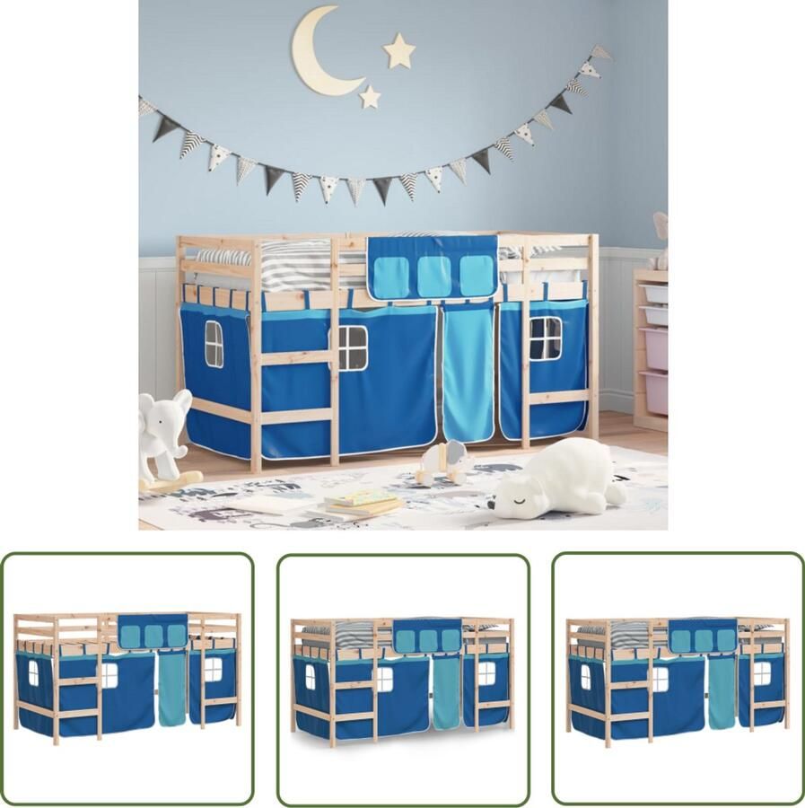 VidaXL Kinderhoogslaper met gordijnen 90x200 cm grenenhout blauw Kinderhoogslaper Hoogslaper Kinderbed Grenenhouten Bed Kidsbed