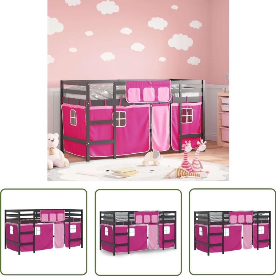 VidaXL Kinderhoogslaper met gordijnen 90x200 cm grenenhout roze Kinderhoogslaper Hoogslaper Kidsbed Grenenhout Meisjeskamer