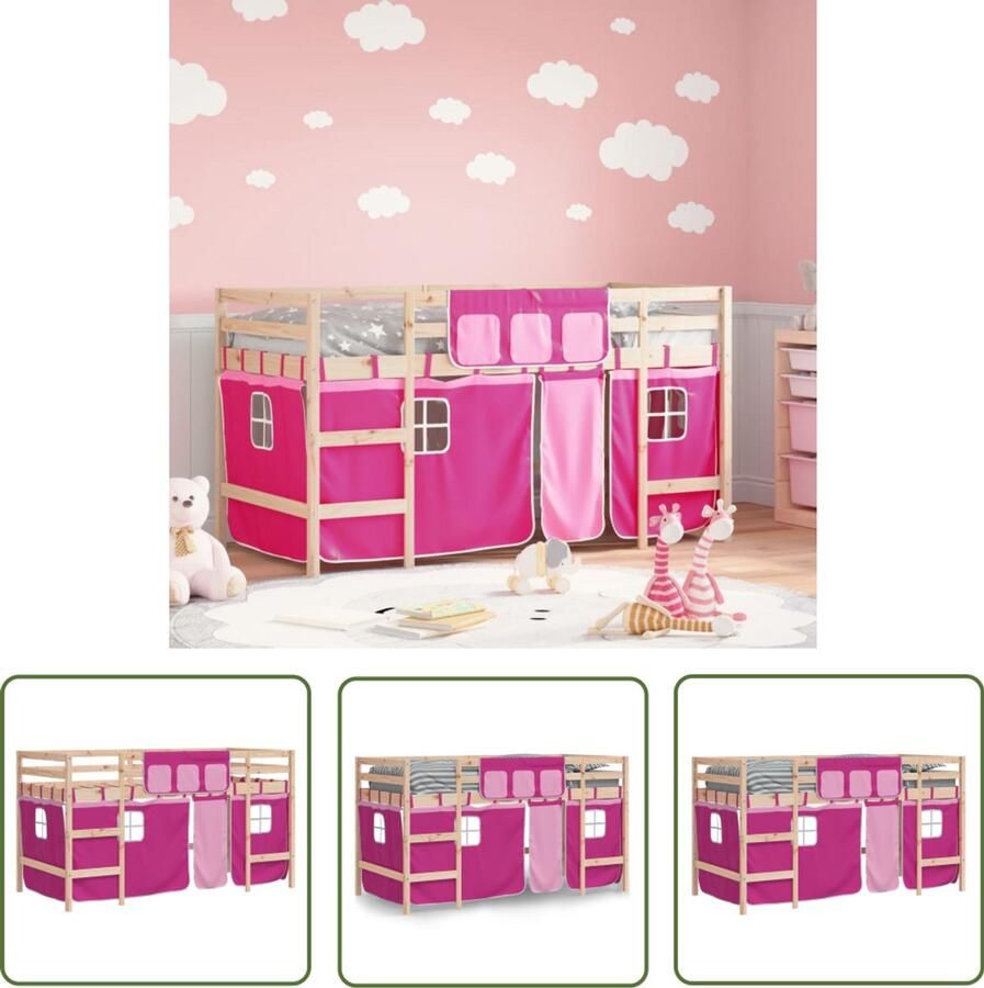 VidaXL Kinderhoogslaper met gordijnen 90x200 cm grenenhout roze Kinderhoogslaper Hoogslaper Kidsbed Meisjesbed Grenenhouten Bed