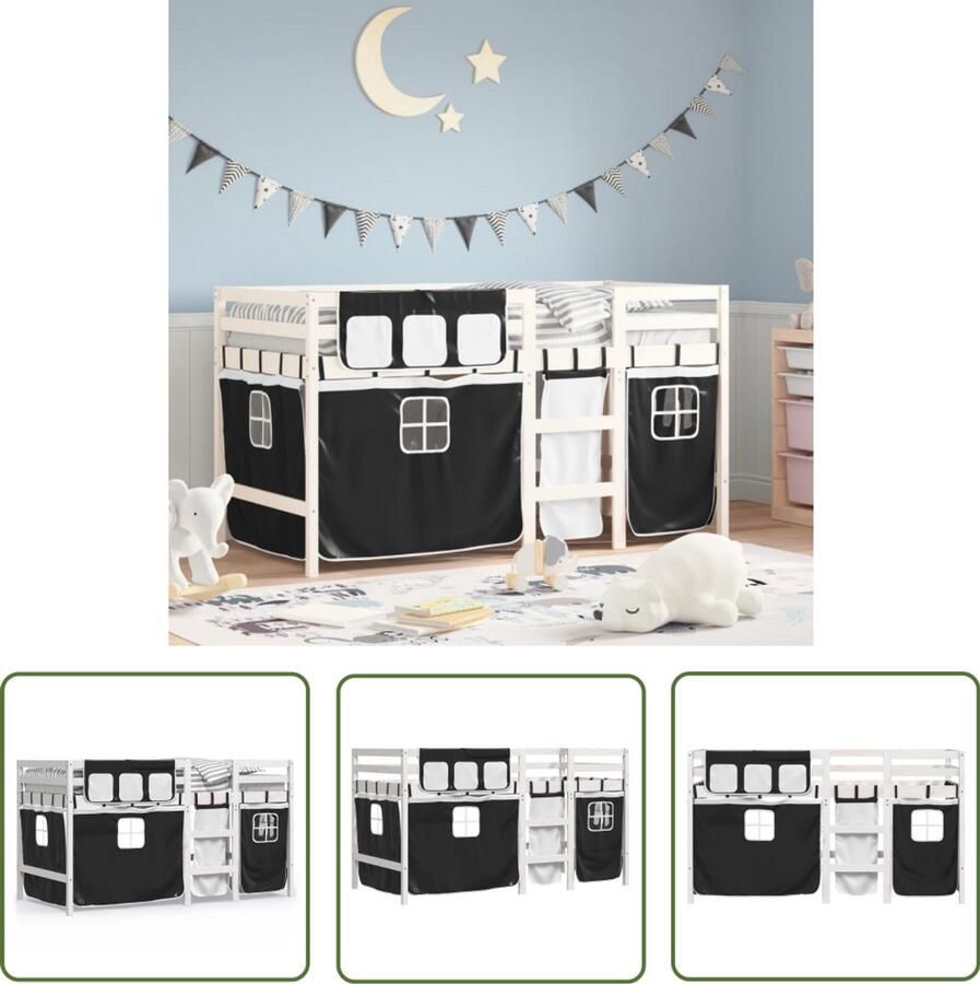VidaXL Kinderhoogslaper met gordijnen 90x200 cm grenenhout wit zwart Kinderhoogslaper Hoogslaper Kidsbed Grenenhouten Bed Witte Kinderkamer