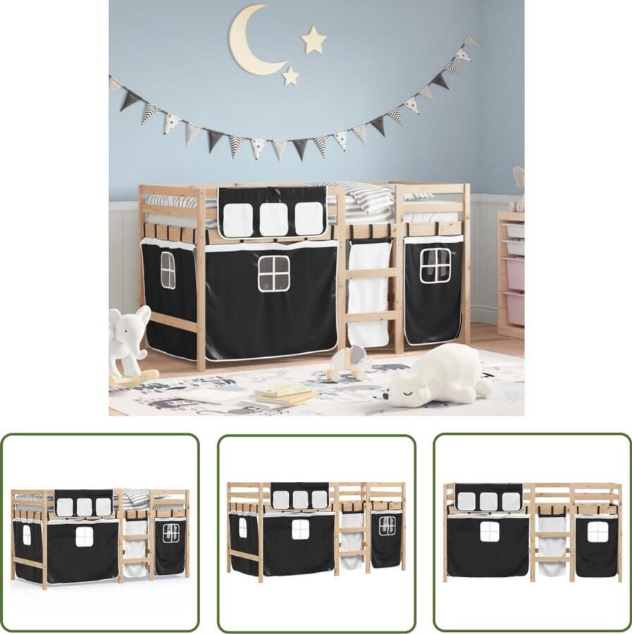 VidaXL Kinderhoogslaper met gordijnen 90x200 cm grenenhout wit zwart Kinderhoogslaper Hoogslaper Kidsbed Grenenhout Witte Kleur