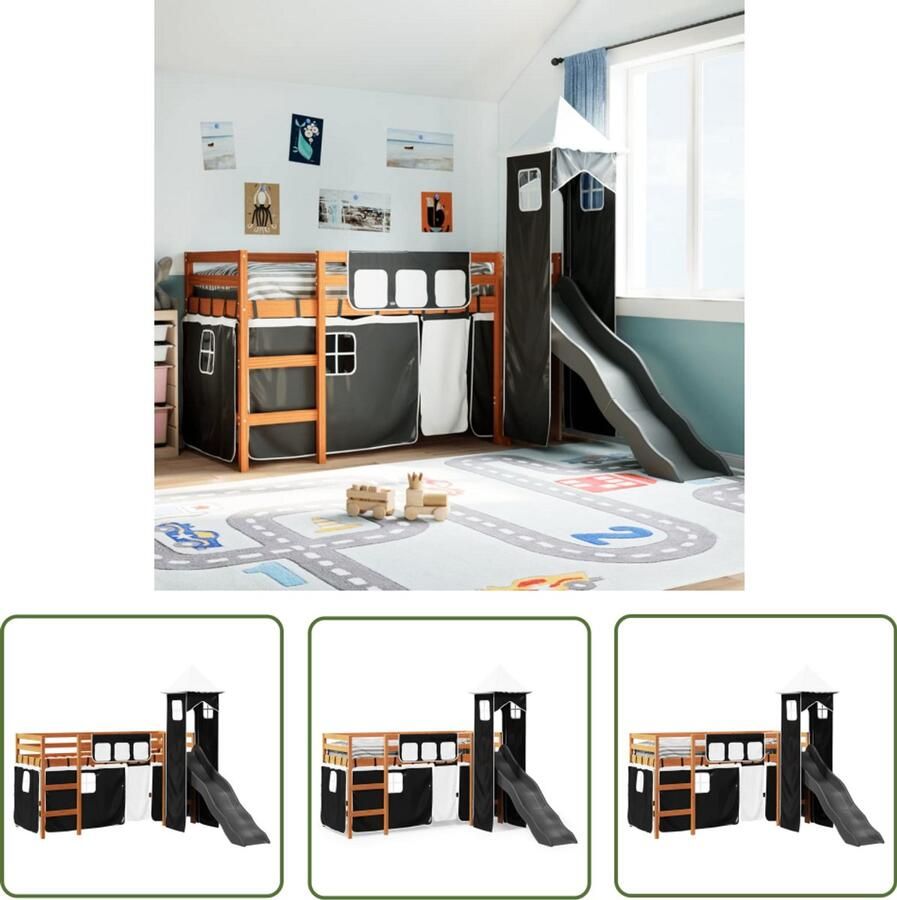 The Living Store Kinderhoogslaper met toren 80x200 cm grenenhout wit en zwart Kinderhoogslaper Hoogslaper Houten Bed Kids Bed Kindermeubels