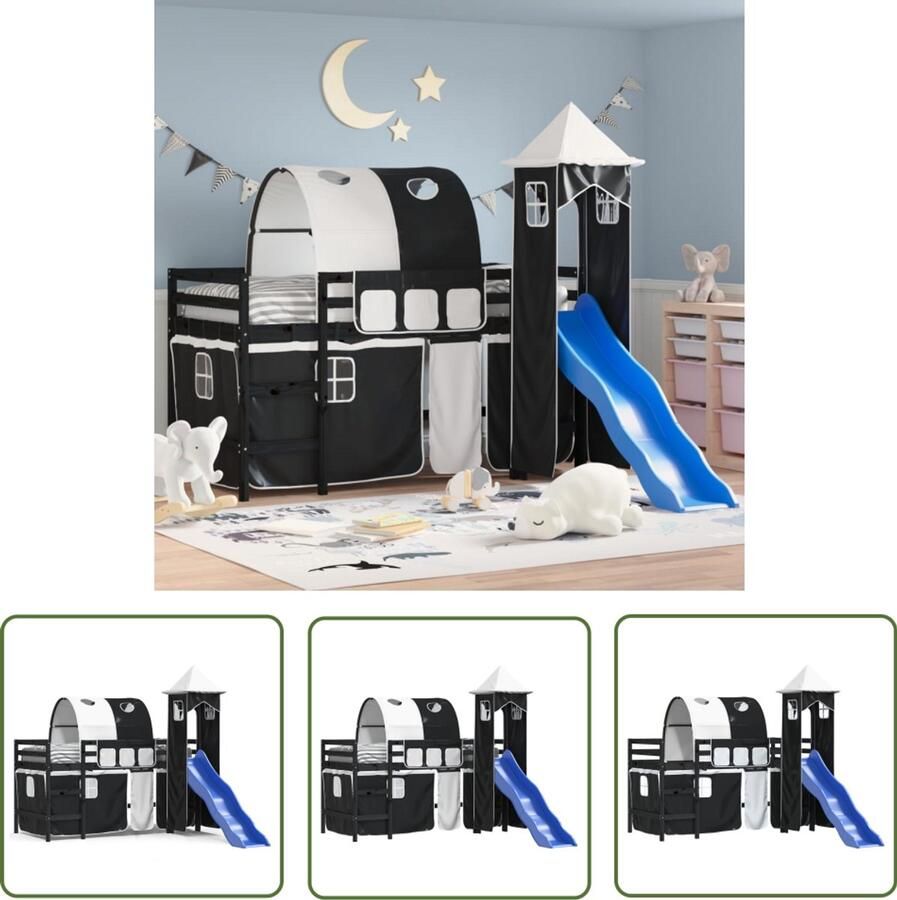 VidaXL Kinderhoogslaper met toren 80x200 cm grenenhout wit en zwart Kinderhoogslaper Hoogslaper Kidsbed Grenenhout Bed Bunkbed