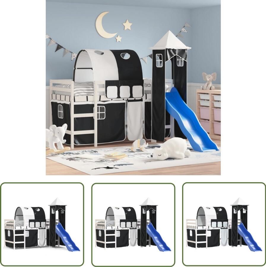 VidaXL Kinderhoogslaper met toren 80x200 cm grenenhout wit en zwart Kinderhoogslaper Hoogslaper Kidsbed Grenenhout Bed Kindermeubilair