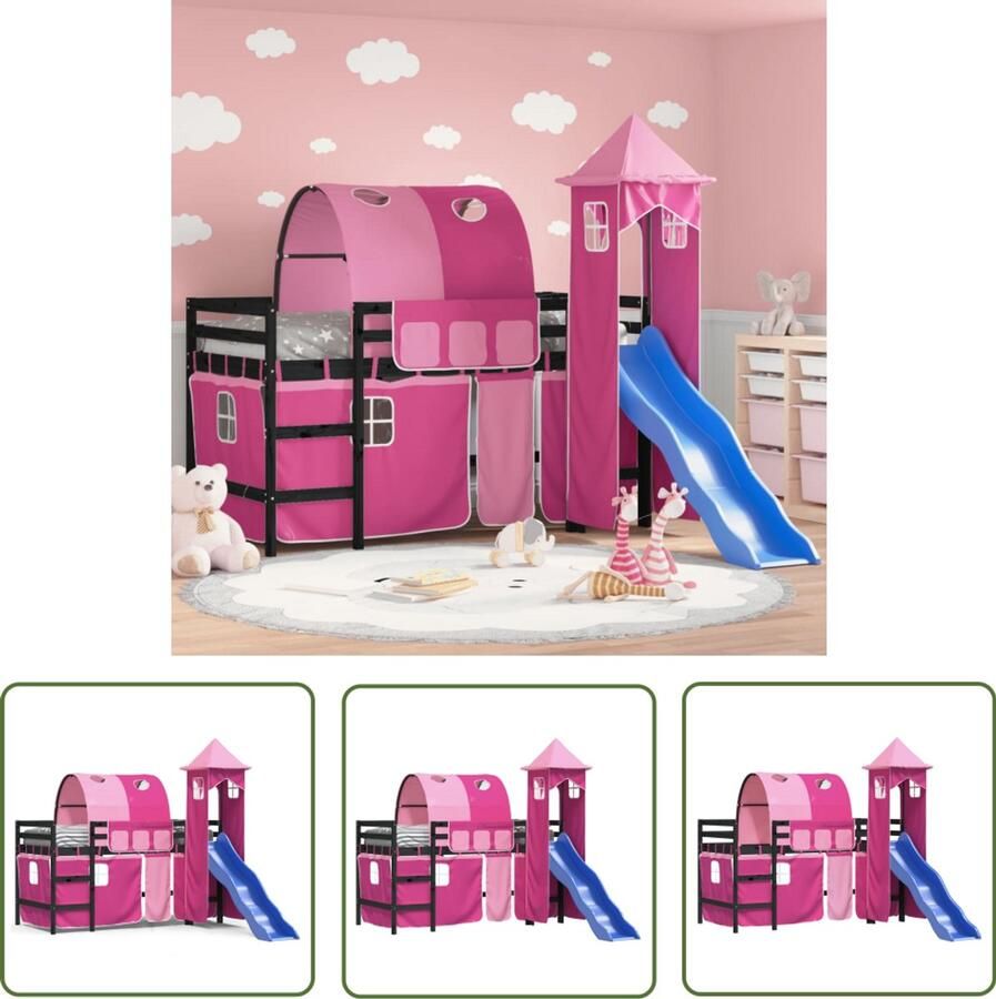 VidaXL Kinderhoogslaper met toren 80x200 cm massief grenenhout roze Kinderhoogslaper Hoogslaper Kidsbed Grenenhouten Bed Meisjesbed