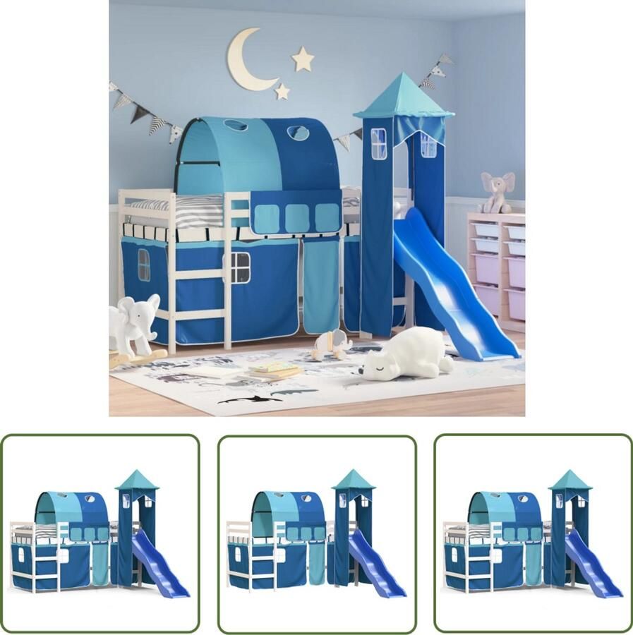 VidaXL Kinderhoogslaper met toren 90x200 cm massief grenenhout blauw Kinderhoogslaper Hoogslaper Kidsbed Grenenhout Bed Blauwe Kinderkamer