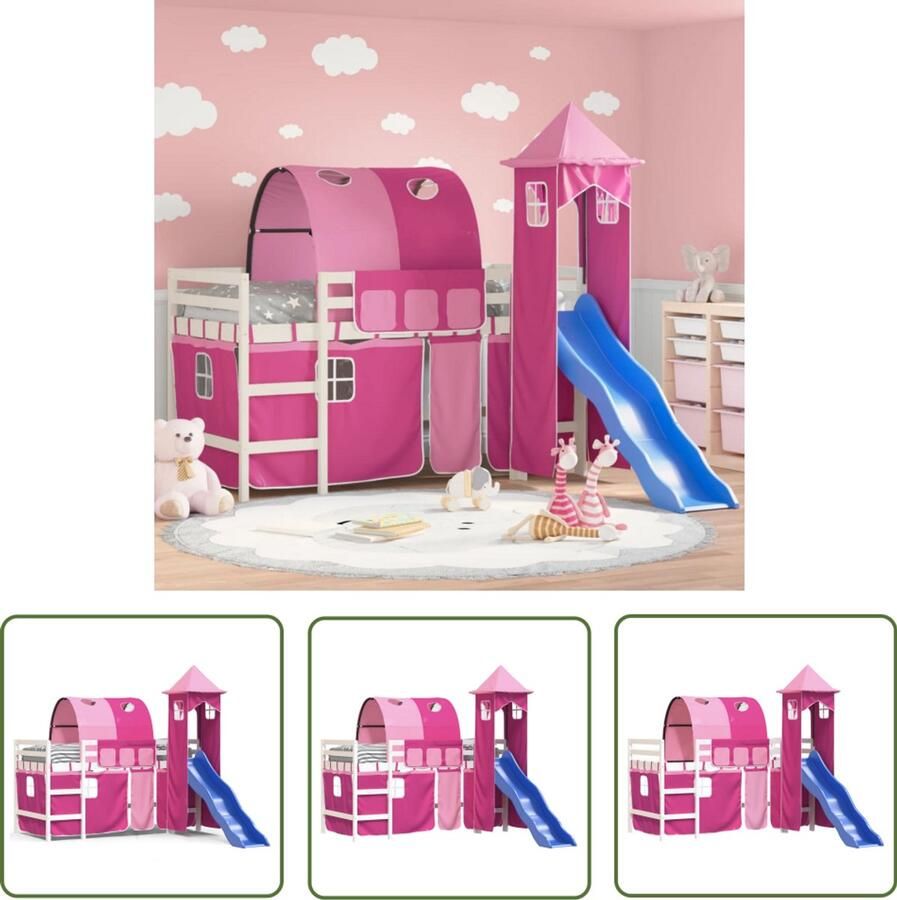 VidaXL Kinderhoogslaper met toren 90x200 cm massief grenenhout roze Kinderhoogslaper Hoogslaper Kidsbed Grenenhout Bed Meisjeskamer
