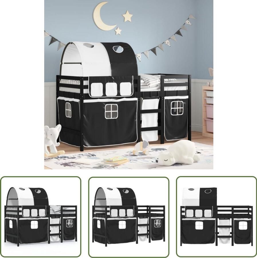 VidaXL Kinderhoogslaper met tunnel 80x200 cm grenenhout wit en zwart Kinderhoogslaper Hoogslaper Kidsbed Grenenhouten Bed Tweepersoons Bed