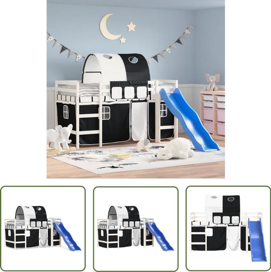 VidaXL Kinderhoogslaper met tunnel 80x200 cm grenenhout wit en zwart Kinderhoogslaper Hoogslaper Kidsbed Grenenhout Bed Tweepersoonsslaapbed