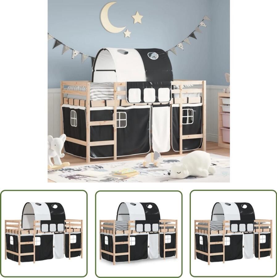 VidaXL Kinderhoogslaper met tunnel 80x200 cm grenenhout wit en zwart Kinderhoogslaper Hoogslaper Kidsbed Grenenhout Kindermeubilair