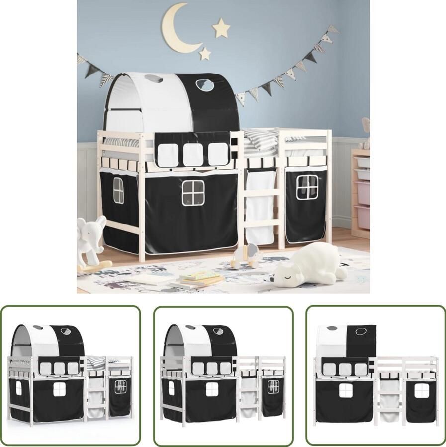 VidaXL Kinderhoogslaper met tunnel 80x200 cm grenenhout wit en zwart Kinderhoogslaper Hoogslaper Kidsbed Kindermeubilair Grenenhout