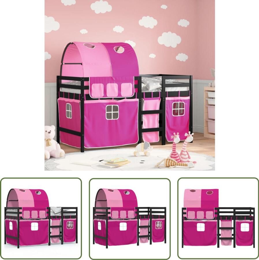 VidaXL Kinderhoogslaper met tunnel 80x200 cm massief grenenhout roze Kinderhoogslaper Hoogslaper Grenenhout Bed Kids Bed Meisjeskamer
