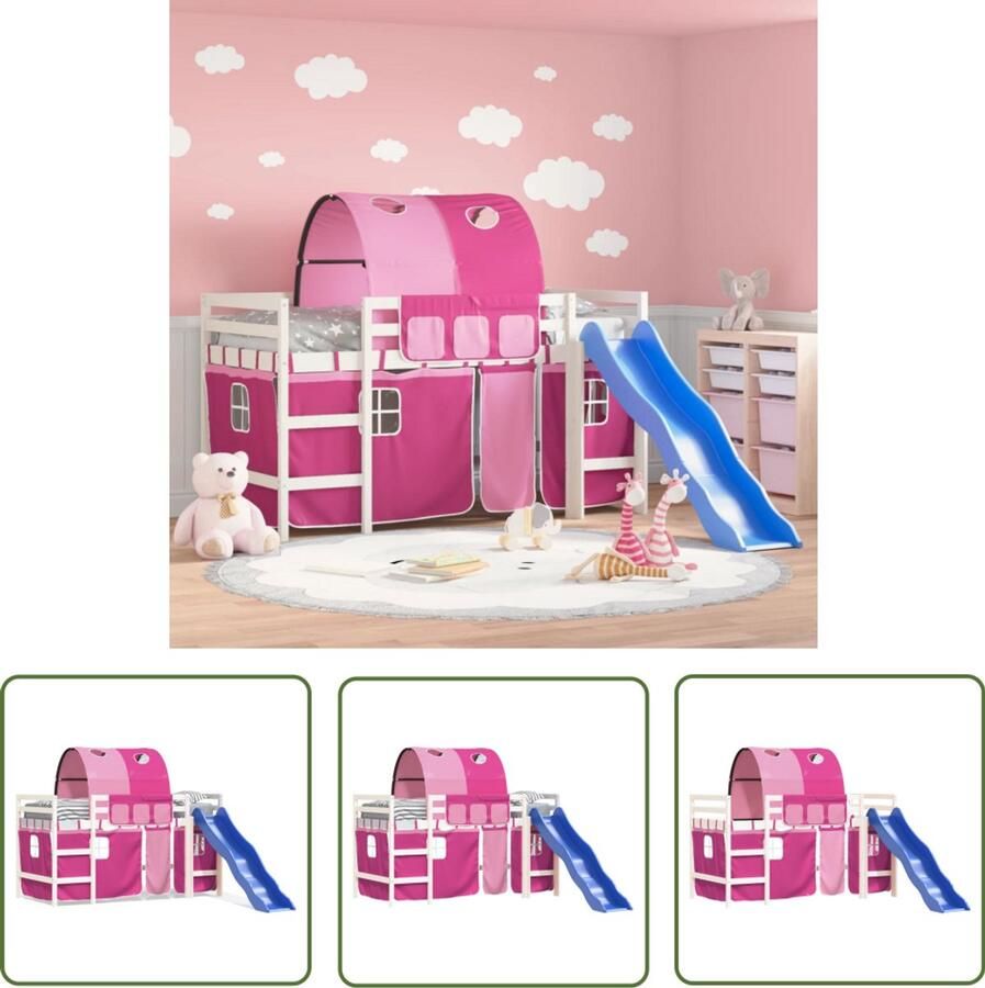 VidaXL Kinderhoogslaper met tunnel 80x200 cm massief grenenhout roze Kinderhoogslaper Hoogslaper Kidsbed Grenenhout Rozerood - Foto 2