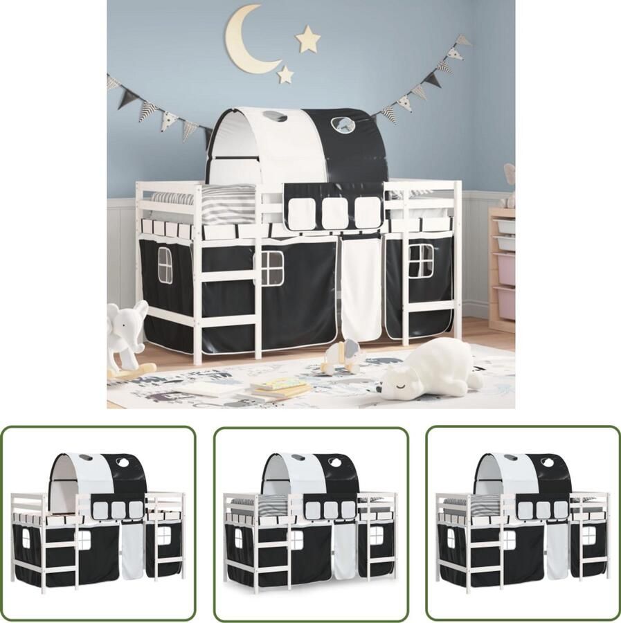 VidaXL Kinderhoogslaper met tunnel 90x190 cm grenenhout wit en zwart Kinderhoogslaper Hoogslaper Kidsbed Grenenhouten Bed Kindermeubilair