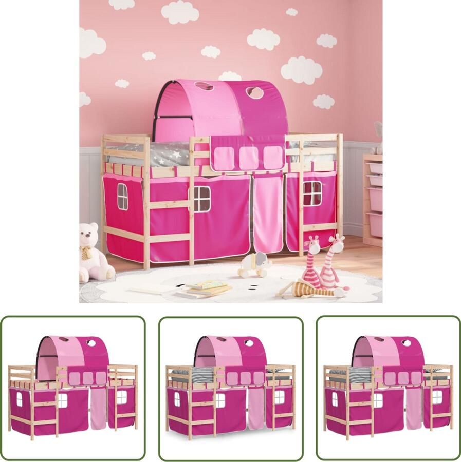 VidaXL Kinderhoogslaper met tunnel 90x190 cm massief grenenhout roze Kinderhoogslaper Hoogslaper Kidsbed Grenenhout Meisjesbed