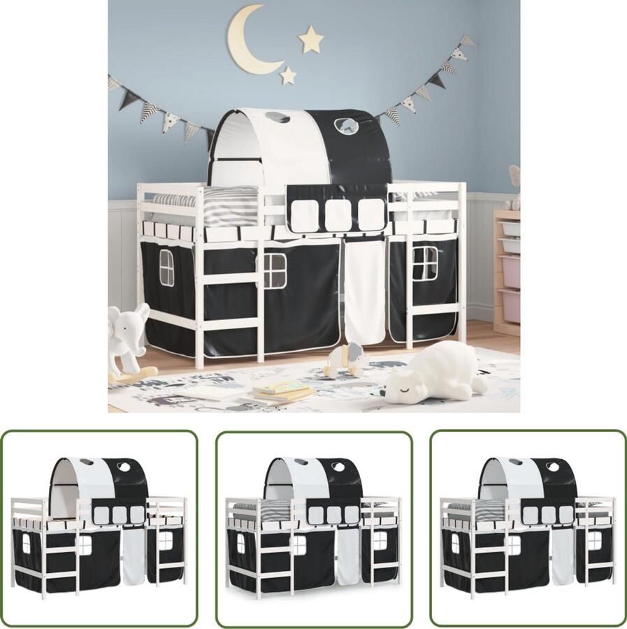 VidaXL Kinderhoogslaper met tunnel 90x200 cm grenenhout wit en zwart Kinderhoogslaper Hoogslaper Kidsbed Grenenhout Bunkbed