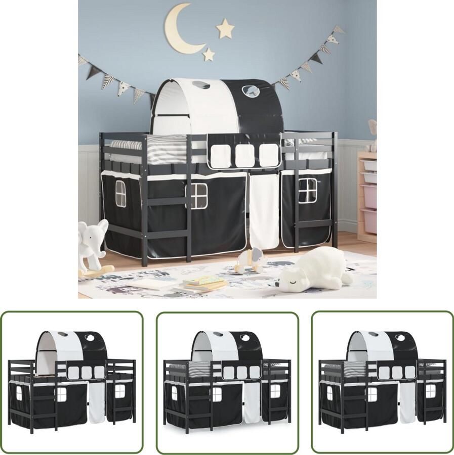 VidaXL Kinderhoogslaper met tunnel 90x200 cm grenenhout wit en zwart Kinderhoogslaper Hoogslaper Kidsbed Grenenhout Zwarte Hoogslaper