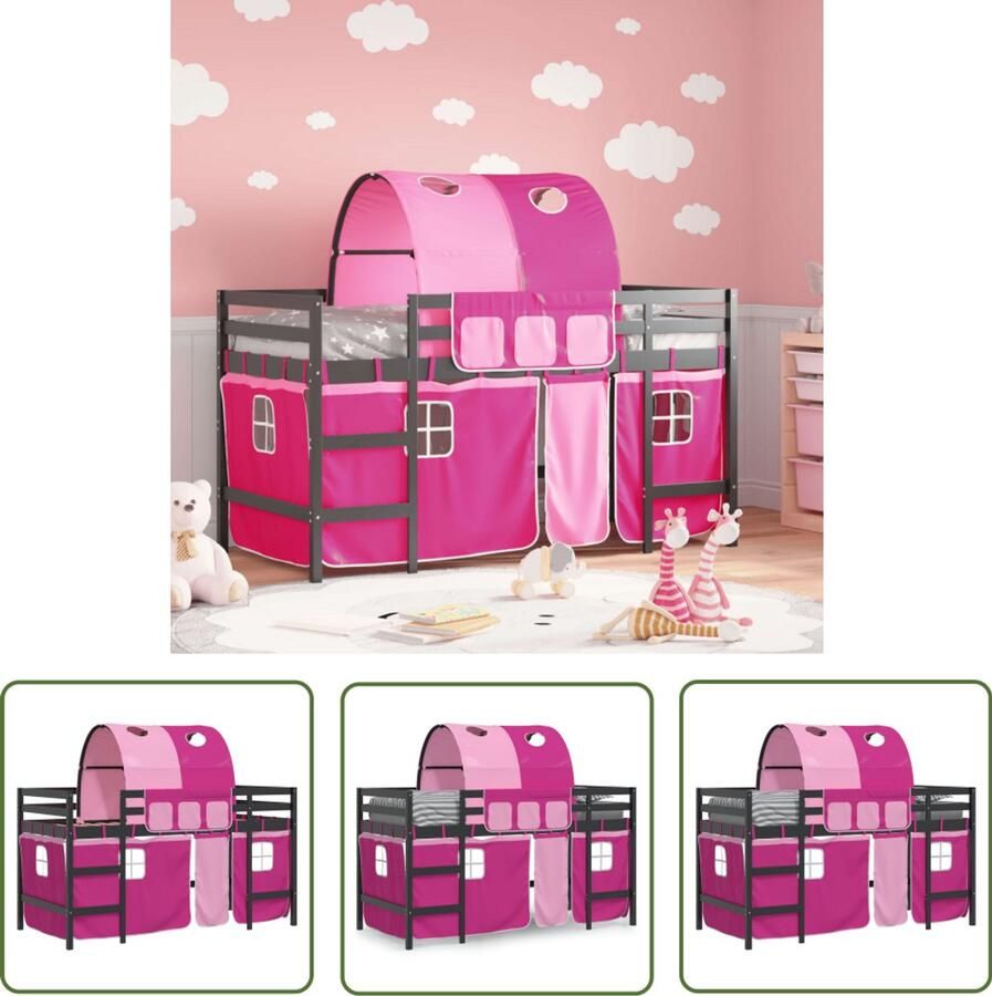 VidaXL Kinderhoogslaper met tunnel 90x200 cm massief grenenhout roze Kinderhoogslaper Hoogslaper Kidsbed Grenenhout Meisjeskamer