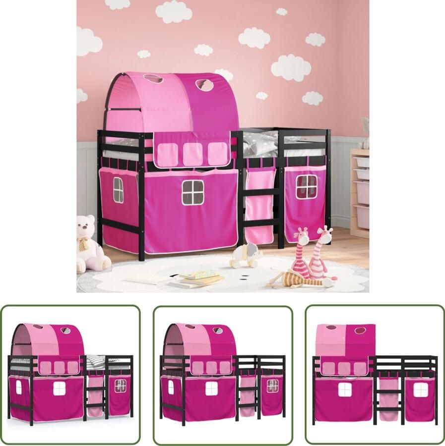 VidaXL Kinderhoogslaper met tunnel 90x200 cm massief grenenhout roze Kinderhoogslaper Hoogslaper Massief Grenenhout Kidsbed Meisjesbed