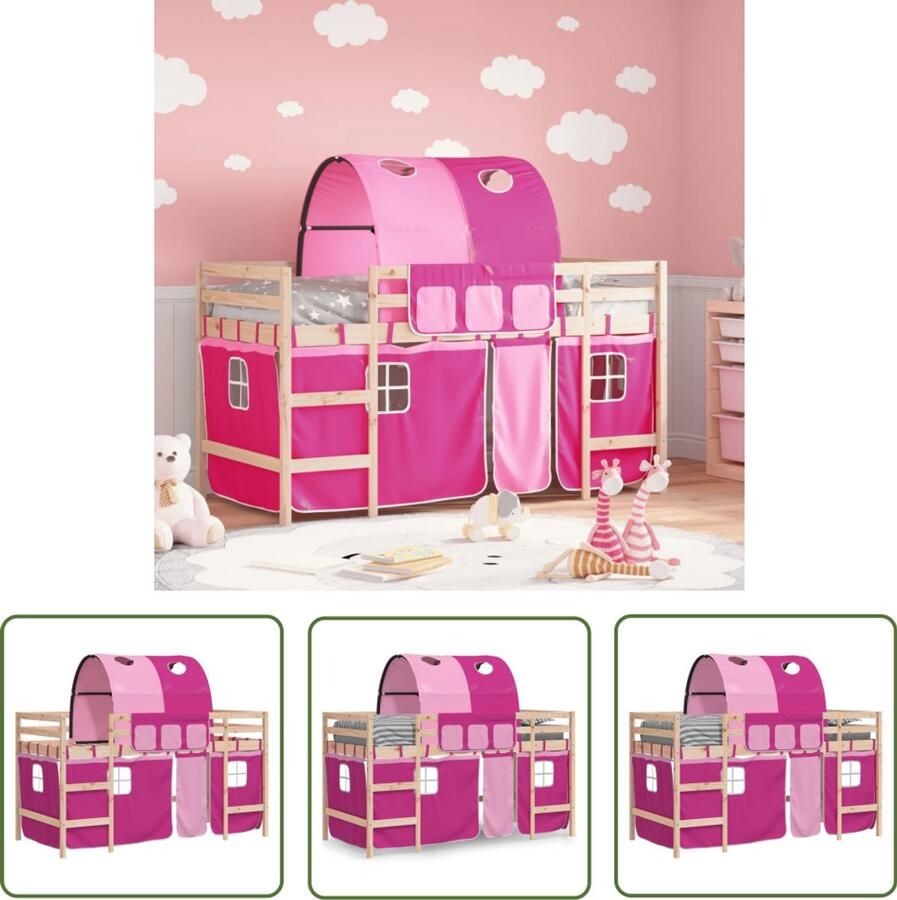 VidaXL Kinderhoogslaper met tunnel 90x200 cm massief grenenhout roze Kinderhoogslaper Hoogslaper Meisjesbed Grenenhout Bed Roze Kinderbed