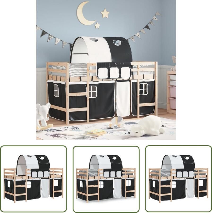 The Living Store Kinderhoogslaper met tunnel 90x200 cm grenenhout wit en zwart Kinderkamer Hoogslaper Meubel Grenenhout Kidsbed