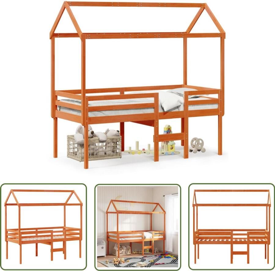 VidaXL Hoogslaper Met Bedhuis Hoogslaper met bedhuis massief grenenhout wasbruin 80x200 cm Kinderbed Houten Bed Grenenhouten Bed