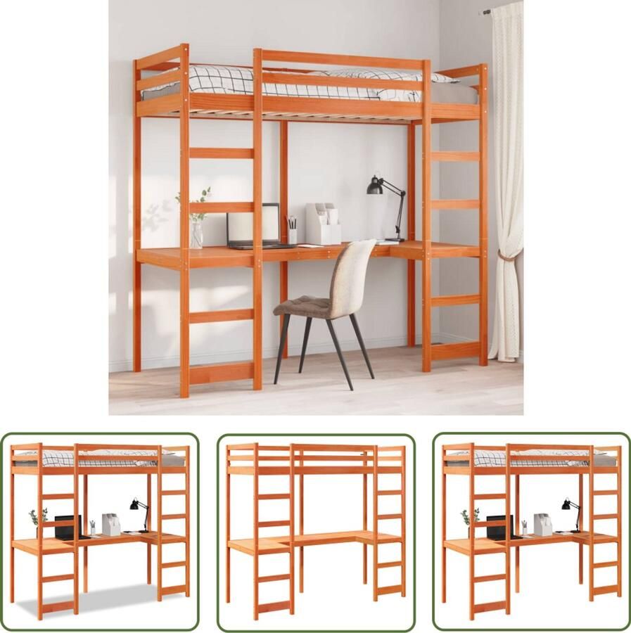 VidaXL Hoogslaper met bureau grenenhout wasbruin 90x200 cm Hoogslaper Met Bureau Kinderkamer Tweepersoonsslaapbank Bureau