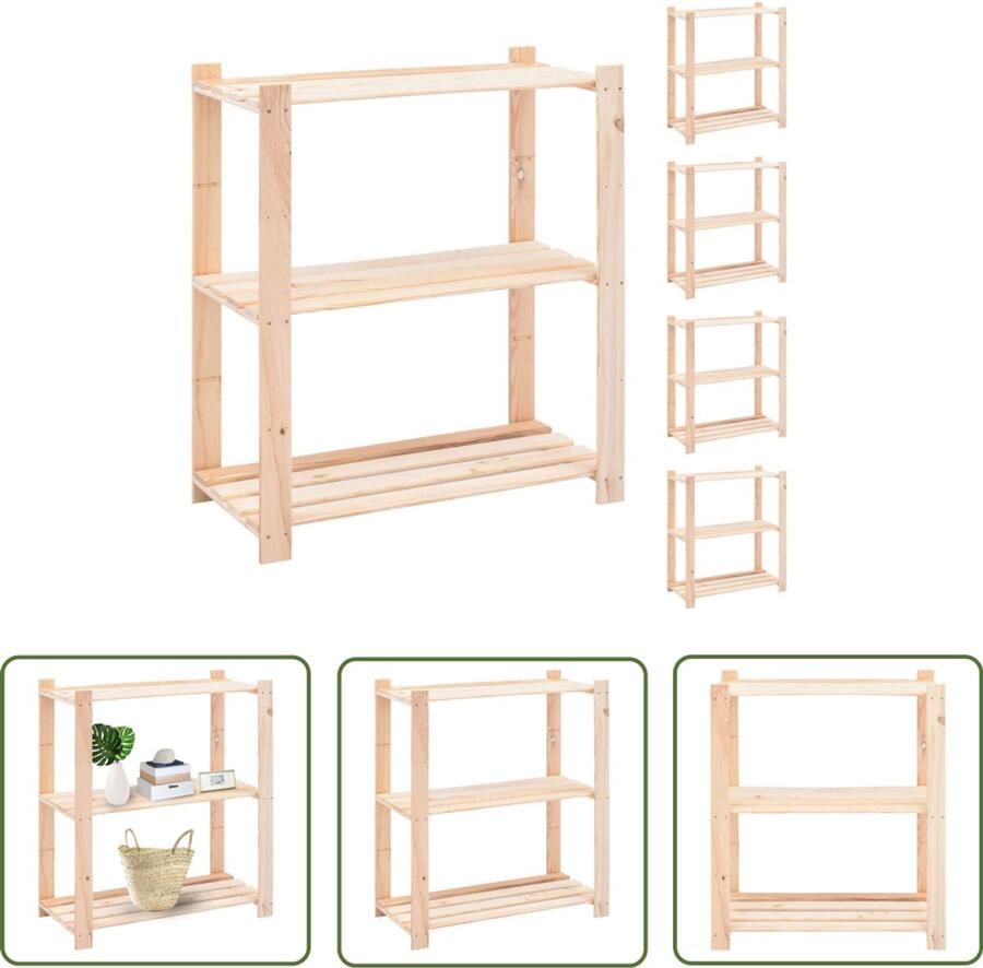 VidaXL Hout Opslagrekken Opbergrekken 3-laags 5 st 150 kg 80x38x90 cm massief grenenhout Grenenhouten Kast Bergruimte Badkamerkast