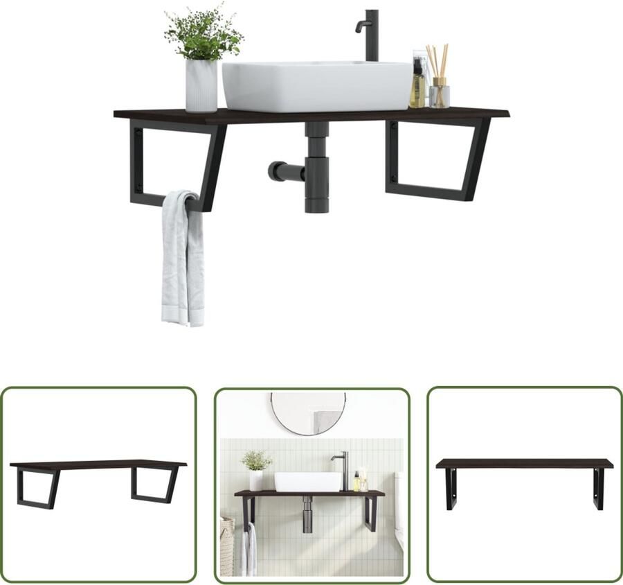 VidaXL Badkamer wandschap staal en massief eikenhout Badkamer Meubilair Houten Badkamerkast Wandplank Badkamer Accessoires Badkamer Organisatie