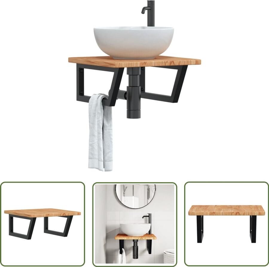 VidaXL Badkamer wandschap staal en massief eikenhout Badkamerwandplank Houten Badkamerkast Eikenhout Kast Badkameropslag Badkameraccessoires
