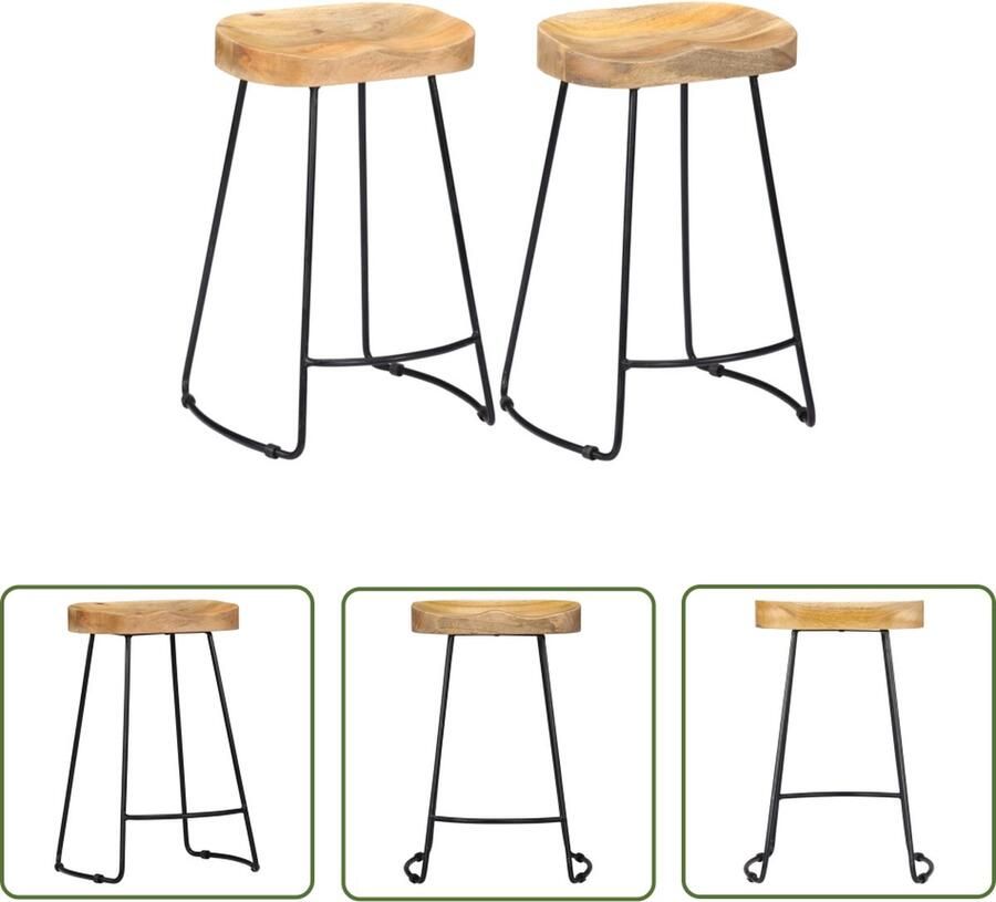 The Living Store Gavin Retro Barkrukken Massief mangohout Set van 2 Bruin zwart 45x40x62cm Retro Barkrukken Houten Barkrukken Mangohouten Barkrukken Set Eetkamerstoelen - Foto 2