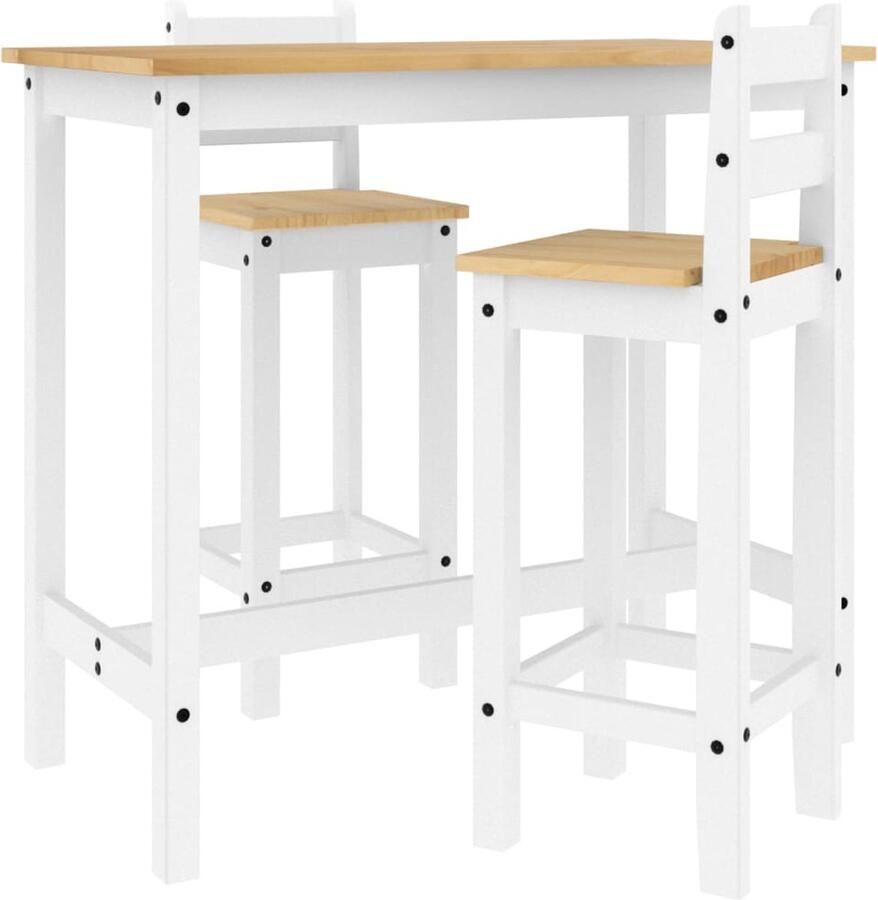 The Living Store Houten Bartafelset 112 x 57 x 101 cm Massief Grenenhout met Witte Washafwerking Bartafel Houten Bartafel Barstool Barstoelen Granenhouten Meubels