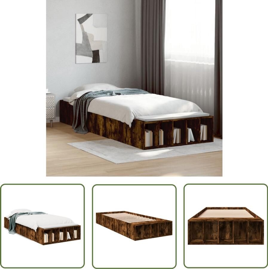 VidaXL Bedframe bewerkt hout gerookt eikenkleurig 100x200 cm Bedframe Houten Bed Bruine Bed Tweepersoonsbed Compact Bed
