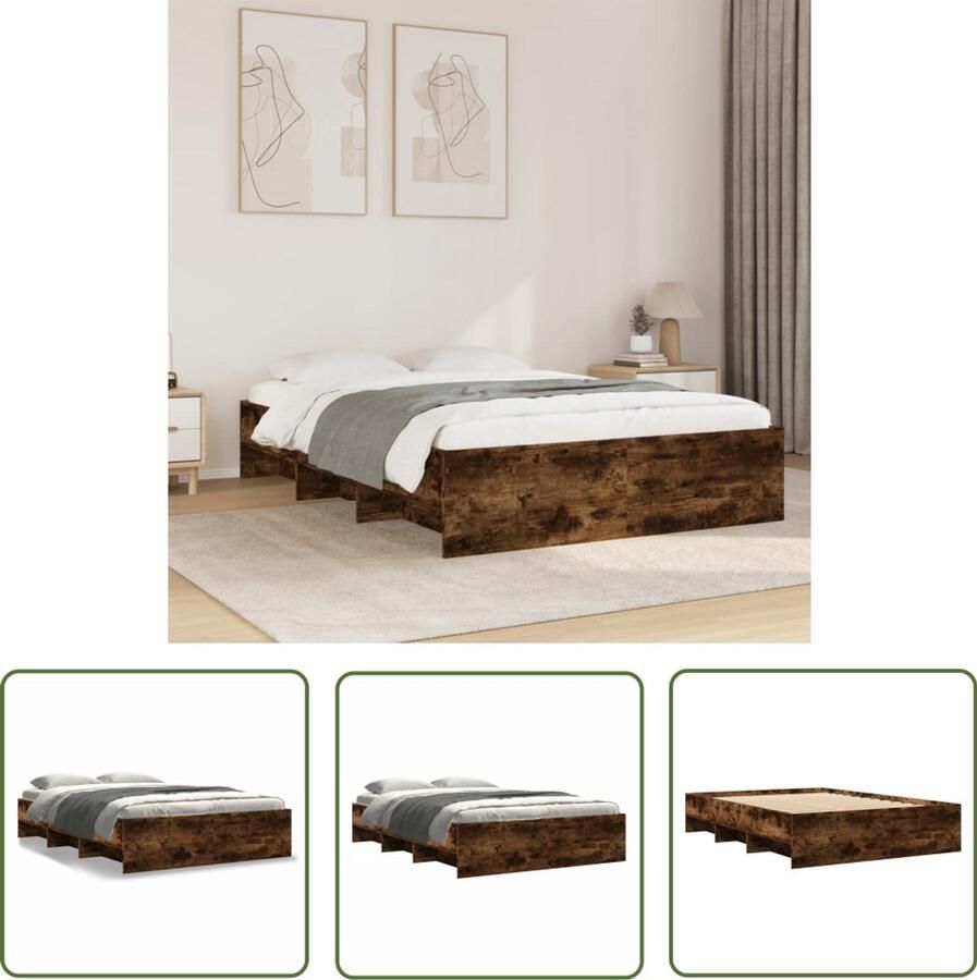 VidaXL Bedframe bewerkt hout gerookt eikenkleurig 135x190 cm Bedframe Houten Bed Bedkast Slaapkamerdecoratie Rustiek Bed